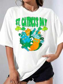 Camisetas de Mujer, Manga Corta Casual para Fiesta, Camiseta para el Día de San Patricio con Estampado de Gatos Blancos y Trébol para Celebración de Festivales 180g - Blanco - Ver 7