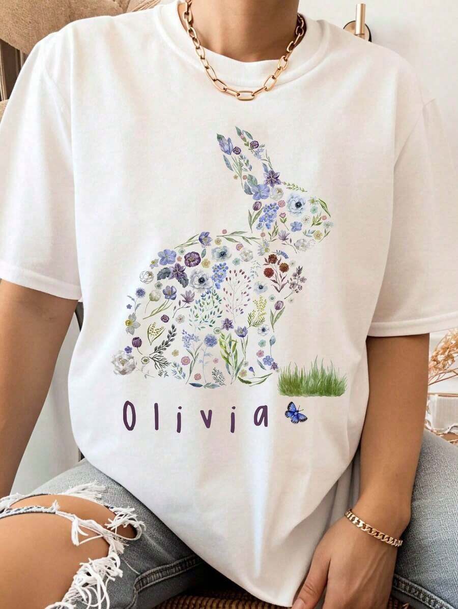 Camiseta con diseño de conejo floral para mujer, nombre personalizado Olivia, regalo de primavera/pascua, estampado de animales lindo, corte holgado, estilo casual, estilo vintage urbano, unisex, camiseta de algodón de manga corta con cuello redondo, blusas para mujer. blusas.blusas casuales para dama. - Blanco - Ver 1