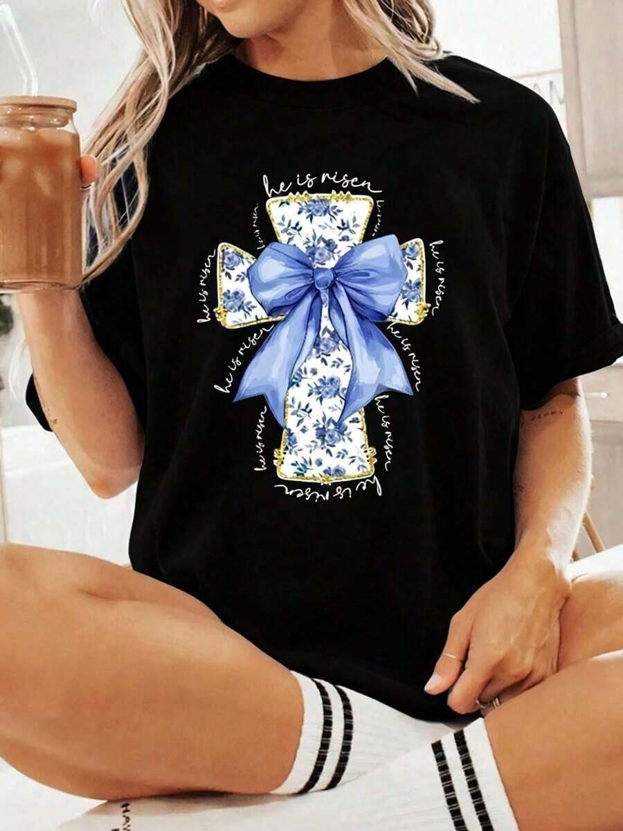 Camiseta de Pascua "Él Ha Resucitado", Camiseta de Pascua con Cruz, Camiseta de Jesús, Camiseta de Pascua Azul Estilo Chinoiserie, Azul con Lazo Coqueta, Camisetas Gráficas Unisex, Camiseta Divertida - Negro - Ver 1