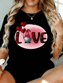 Women's Love Gnome Valentine's Day T-Shirt, Plus Size, Heart And Balloon Graphic, Casual Valentine's Day Tee, 180g, For Home, Outdoor, Valentine's Day Party Gift - 黑色 - 查看 7