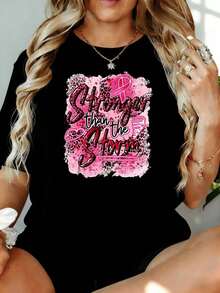 Más Fuerte Que La Tormenta Camiseta de Concientización sobre el Cáncer de Mama con Lazo Rosa, Camiseta Gráfica para Mujer, Talla Grande, Ajuste Holgado y Cómodo, 180g, para Ocio en Casa, Aire Libre, Regalo para el Día de San Valentín o Fiesta - Negro - Ver 7