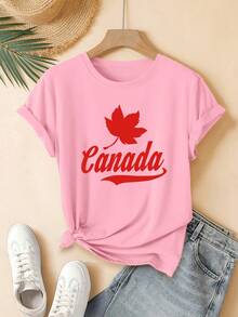 Camiseta casual esencial de manga corta con cuello redondo para mujer joven, con estampado de hoja de arce canadiense y letras rojas, moderna y linda, lavable a máquina, adecuada para el estilo casual de calle de uso diario, una excelente opción para regalos, ideal para el hogar, la oficina y otras ocasiones. Algodón Suave para Uso Diario en Verano - Albaricoque - Ver 8