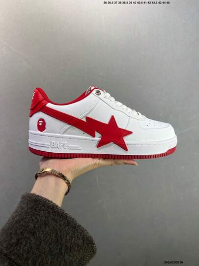  Giày thể thao thường ngày A BATHING APE Bape, giày bóng bẩy với logo ngôi sao phối màu tương phản, đế trắng và ngôi sao đỏ lớn, unisex.