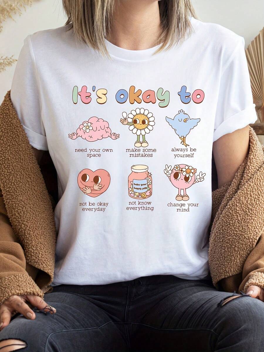 Camiseta de corte regular sin problemas, Camiseta con error, Camiseta inspiradora, Camiseta sobre problemas de salud mental, Camiseta inclusiva, Camiseta con estampado de letras para terapia del habla, Top casual de manga corta con cuello redondo para verano y primavera, Atuendo casual diario de verano para mujer - Blanco - Ver 1