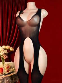1 pieza Lencería sexy para mujer, mono elástico y suave sin mangas, espalda abierta y abertura en el muslo, ajustado y cómodo, sin relleno, para uso diario y dormitorio - Negro - Ver 6