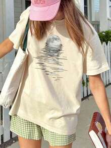 1 Piece Of Plus-Size T-Shirt For Everyday Wear, Summer 2026 Collection, 1 Piece Of Short-Sleeved T-Shirt With A Round Neck, Loose Fit, Casual, With A Simple Slogan Print, New Summer Collection For Women,  T-Shirt For Everyday Wear, Suitable For Daily Wear And Vacations. Women's T-Shirt. Soft Cotton, Sizes: Free Shipping, Within 24 Hours. Round Neck, 100% Cotton, Soft Fabric, Short Sleeve - 杏色 - 查看 3