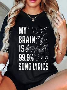 Camiseta con estampado de símbolos musicales y letras, transpirable y de corte holgado, diseño vintage con claves de sol y mi - Ropa casual para exteriores para cantantes, autores de canciones y fans de la música - Diseño de notas y letras en blanco y negro - Estilo cyberpunk de TV, ropa de cantante, ropa de compositor, camiseta ligera, estampado duradero, ropa de músico.camisas de mujer sudaderas para mujer sueter blusa casual mujer verano vestidos de graduación - Negro - Ver 1