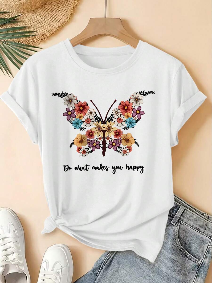 Spring/Summer 2026, New Women's Short Sleeve T-Shirt With Round Neck, Vintage Bohemian Style, Butterfly And Flower Print, Casual Retro Distressed Top, 100% Pure Cotton, High-Quality Women's Clothing. | Fun And Original Design | Suitable For Everyday Wear In Spring, Summer, And Autumn. | Fun And Rejuvenating Top - 白色 - 查看 1