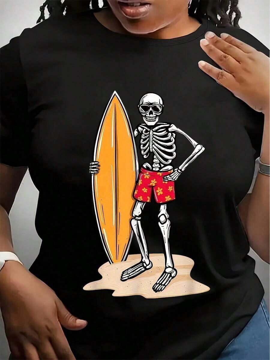 Camiseta Gráfica de Surfista con Esqueleto para Mujer - Diseño de Tabla de Surf - Camiseta de Tejido Grueso - Camiseta de Cuello Redondo Lavable a Máquina - Esqueleto Surfista Divertido - Regalos de Pascua para Surfistas, Adolescentes y Adultos - Ropa Casual de Playa para Todo el Año, Ropa de Estilo Surfista, Estampado Divertido, Ajuste Cómodo, Top, Moda Juvenil - Negro - Ver 1