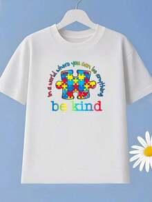 Camiseta ligera para niños y adolescentes, con estampado moderno de "rompecabezas", manga corta, serie sobre autismo, adecuada para juegos casuales y deportes tanto en interiores como en exteriores, top de verano a la moda, ideal para fiestas, vacaciones y otras ocasiones, top para la temporada de regreso a clases, disponible en múltiples colores y lavable a máquina. - Blanco - Ver 7