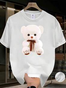 Camiseta ligera para hombre y mujer con estampado de oso de peluche blanco - de manga corta, cuello redondo, estilo casual de verano, con un lazo rosa y orejas marrones, hecha de tela suave y transpirable, adecuada para la talla S, uso casual, 100% algodón, unisex. - Blanco - Ver 1