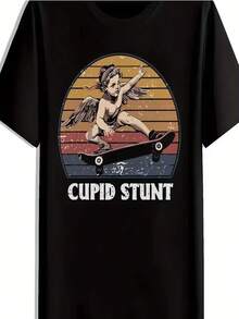 Camiseta de mujer con estampado de acrobacias de Cupido, dise?o retro de ángel patinador, camiseta informal negra de manga corta, camiseta de estilo retro. - Negro - Ver 1