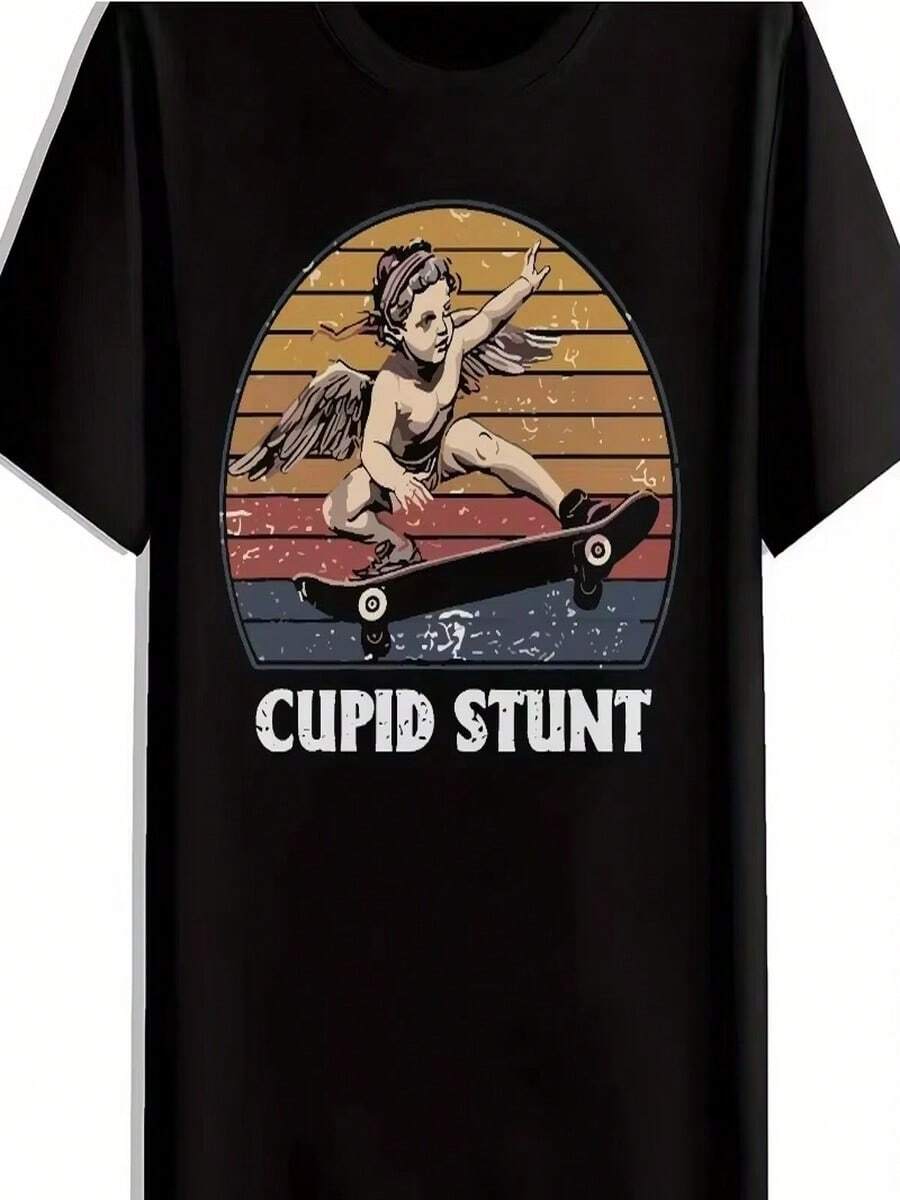 Camiseta de mujer con estampado de acrobacias de Cupido, dise?o retro de ángel patinador, camiseta informal negra de manga corta, camiseta de estilo retro. - Negro - Ver 1