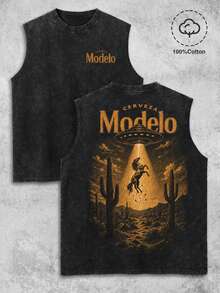 Men's Printed Vintage Washed Vest, Loose Fit, Casual Street Style, An Essential Everyday Item. - Black - View 2