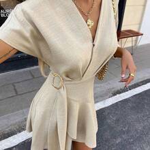 Relaxed Fit V-Neck Wrap Mini Dress With Belt For Women Casual Summer Vacation,Linen Blend Batwing Sleeve Mini Wrap Dress, Casual Beach Holiday Sundress, Tie Front Dress, Beige Dress, Linen Dress, Vacation Dress, Wrap Dress, Birthday Dress, Beige Dress For Women, Front Tie Dress, Creme Dress, Brunch Dress, Short Sleeve Dress Cream Dress - Azul Marino - Ver 7