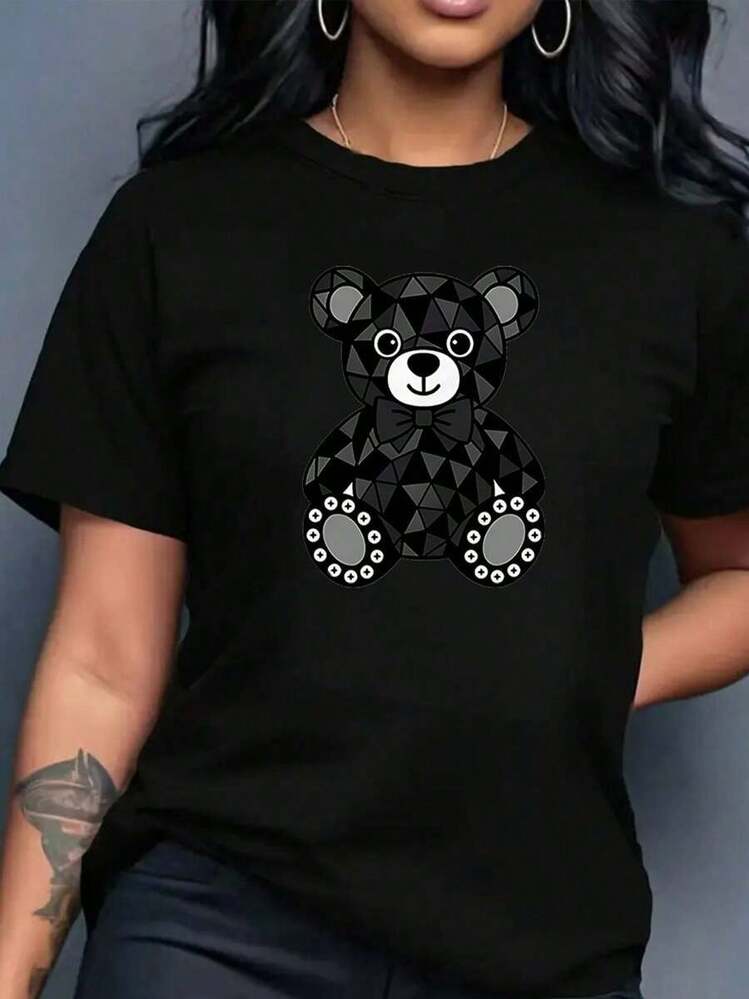 100% Cotton 1pc Women's Blouses, Pretty Blouses For Women, Women's Clothing Sets For Women, Geometric Bear T-Shirt, 180g Black And White Cotton Pattern Print, Bear Tie Print, High-Quality Cotton, Round Neck, Basic Loose Fit, Men And Women, Breathable, Versatile, Machine Washable, Comfortable, Size S~3XL, Daily Casual Sports Essential Summer - màu đen - Xem 3