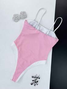 Traje de baño de una pieza con bloques de color, escote cuadrado y tirantes anchos para mujer.El ajuste ceñido acentúa las curvas del Body para un look de playa elegante.Vacaciones - Rosa - Ver 4