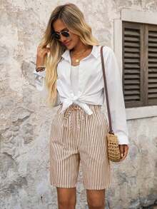 Pantalones cortos tipo bermudas a rayas con bolsillos laterales, de corte amplio y cintura media, estilo básico - Caqui - Ver 5