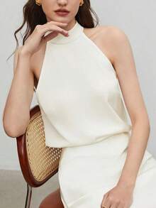 de satén de unicolor para mujer, camisa casual de verano con cuello en V, elegante para la oficina - Beis - Ver 11