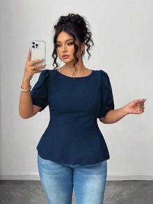 Blusa casual de manga corta con lazo y espalda abierta, unicolor, para mujer talla grande, verano - Azul marino - Ver 7