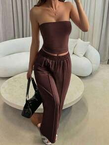Conjunto de 2 piezas de ropa de otoño Vaiaye: Top corto ajustado y sexy sin tirantes, camiseta básica de unicolor elástica y ajustada, top tipo bandeau para yoga; Conjunto de pantalones para primavera/verano - Marrón - Ver 8