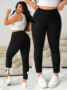 Pantalones casuales ajustados de color negro con decoración de moño y abertura lateral para mujer de talla grande, para verano, otoño, lindos, vacaciones en la playa, estilo occidental, concierto de música country, escuela, brunch - Blanco y Negro 2 - Ver 2