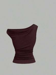 Camiseta ajustada con cuello asimétrico talla grande, top casual versátil, primavera/verano - Color caoba - Ver 5