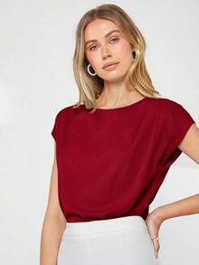 Blusa de mujer con mangas de murciélago asimétricas, de unicolor, estilo básico urbano de viaje, moda elegante y sencilla para negocios casuales, adecuada para maestras y uso en la oficina - Burdeos - Ver 3