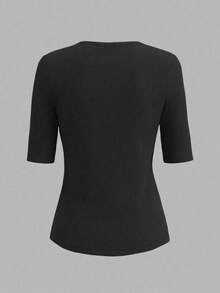 Selamara 3 piezas Camisetas casuales de mujer de unicolor, cuello redondo, manga corta y ajustadas con costillas - Negro - Ver 3