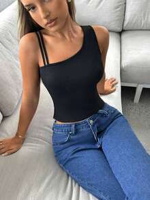 Top unicolor de cuello asimétrico tejido de canalé - Negro - Ver 3