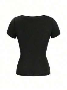 Camiseta de manga corta ajustada con estampado de letras estilo Y2K para mujer, casual para primavera/verano - Negro - Ver 4