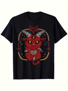 Camiseta Gótica Unisex para Hombre y Mujer, Manga Corta, Cuello Redondo, Negra con Símbolo de  Rojo, Diseño de Cabra Alada, Tejido de Punto Cómodo, Ropa Casual para Todas las Temporadas, Estilo Divertido y Misterioso - Negro - Ver 1