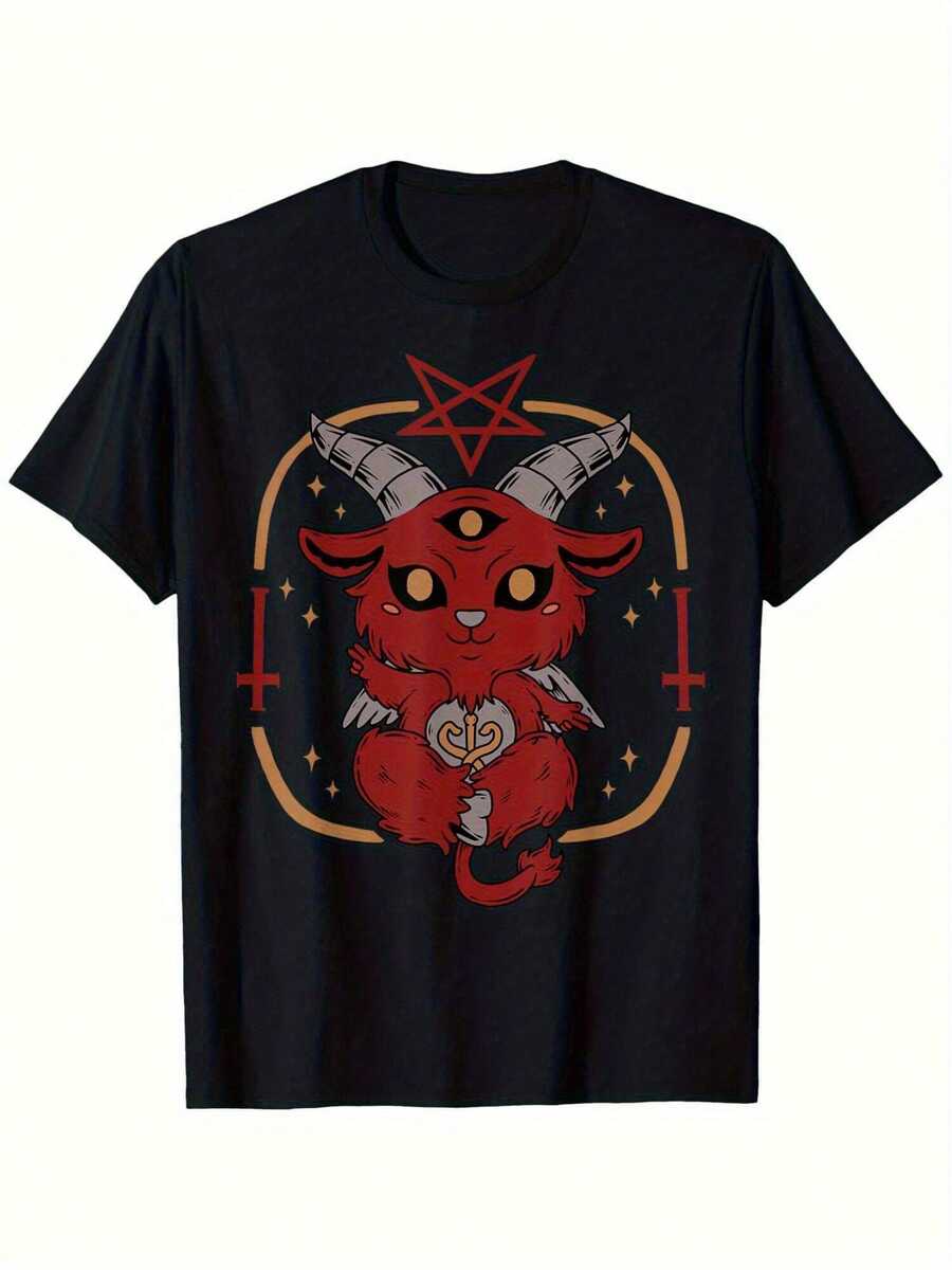 Camiseta Gótica Unisex para Hombre y Mujer, Manga Corta, Cuello Redondo, Negra con Símbolo de Rojo, Diseño de Cabra Alada, Tejido de Punto Cómodo, Ropa Casual para Todas las Temporadas, Estilo Divertido y Misterioso - Negro - Ver 1