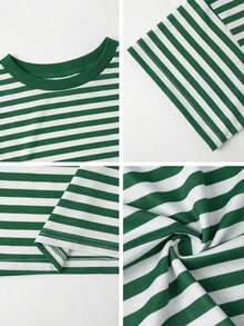 Camiseta casual de mujer  de cuello redondo holgado, camiseta de manga corta de ajuste ceñido con parches a rayas minimalista, adecuada para primavera/verano, ideal para el Día de San Valentín - Verde 2 - Ver 10