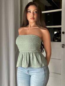 Top de tirantes con pliegues y volantes en el bajo, de tela texturizada, elegante - Verde - Ver 4