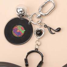 1pc Unisex Music-Themed Double-Sided Personalized Vinyl Record Player Pendant, Alloy Spray Painted Headphone & Music Note Charm, Minimalist Large Round Ball Stylish Creative Bag/Key Chain Accessory - Multicolor - View 2