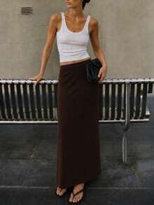 RoseArya Long Plain Straight Maxi Skirt - Brown - View 1