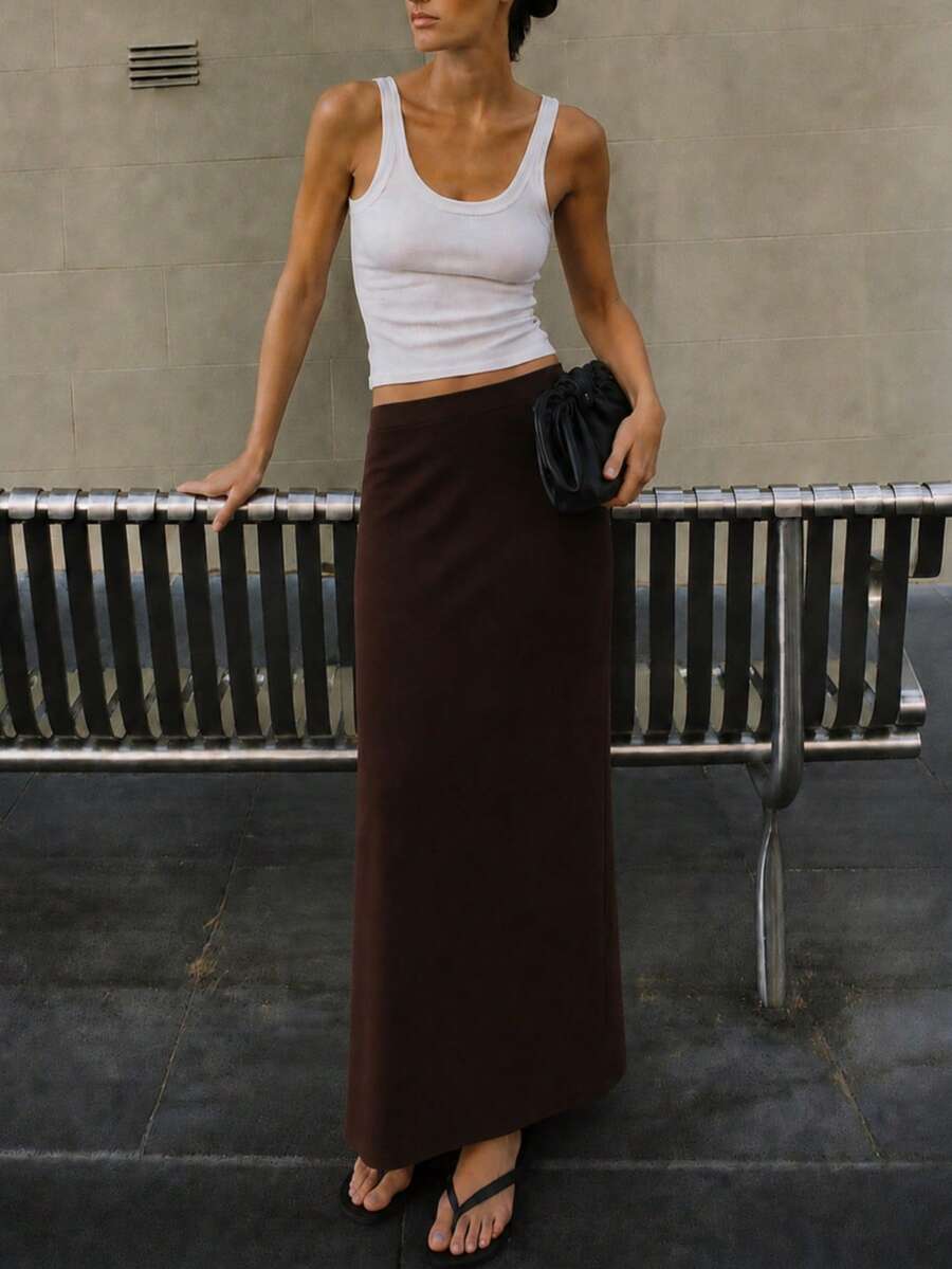 RoseArya Long Plain Straight Maxi Skirt - Brown - View 1
