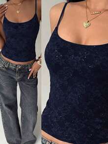 Camiseta de mujer nueva con encaje y aplicación de lentejuelas, ropa de calle sexy - Azul marino - Ver 8