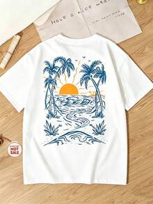 Single Garment, Not A 3-Piece Set. 1 Piece/Set Of Short-Sleeved T-Shirts Suitable For Streetwear. Oversized Crew Neck Top For Daily Outings, Camping, Concerts, Hip-Hop, Rock, And Rap Events. New Casual And Versatile Summer T-Shirts With A Minimalist Print Of Palm Trees, Sunset, And California Beach, Featuring A Crew Neck And Short Sleeves For Women. - 白色 - 查看 2