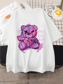 1 Women's Blouse, Beautiful Blouses For Women, Women's Clothing Sets, Ripped Bear 180G, Black And White Bear Grunge Print, High Quality Print, Round Neck, Basic Loose Fit, Breathable, Versatile, Machine Washable, Comfortable, Size S ~ 3XL, Ideal For Casual Daily Wear, Sports, Summer Essential. - 白色 - 查看 2