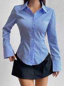 Camisa de manga larga casual a rayas que ciñe la cintura, apta para primavera/verano/otoño, tops de manga larga - Azul - Ver 5