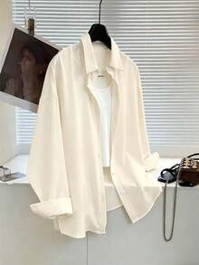 Camisa casual de manga larga, de un solo pecho, de unicolor y holgada para mujer - Albaricoque - Ver 5