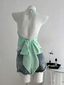 Blusa casual de mujer con cuello de volantes en capas de unicolor - verde menta - Ver 2