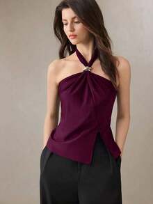 Top con cuello de halter, diseño de botón de metal verde, abertura lateral, elegante y chic para uso urbano y diario, estilo romántico retro de los 90.Adecuado para Navidad, Año Nuevo, San Valentín, fiestas, playa, graduación, moda, carnaval, bod - Rojo violeta - Ver 1