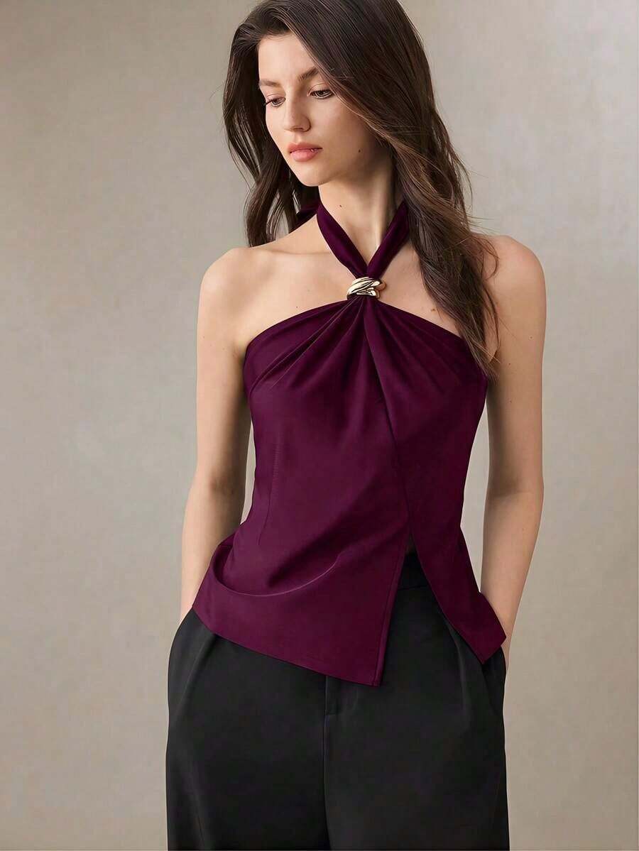 Top con cuello de halter, diseño de botón de metal verde, abertura lateral, elegante y chic para uso urbano y diario, estilo romántico retro de los 90.Adecuado para Navidad, Año Nuevo, San Valentín, fiestas, playa, graduación, moda, carnaval, bod - Rojo violeta - Ver 1