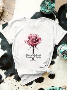1 Piece Christian Aesthetic Print T-Shirt Of Rose Of Strength And Dignity, Casual Short Sleeve Round Neck Top, Women's Clothing For Spring/Summer, 180g 100% Cotton. - 白色 - 查看 3