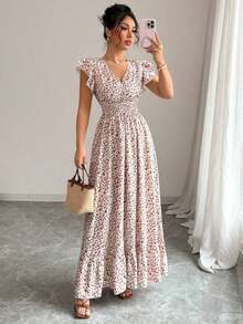 Nuevo vestido casual de vacaciones para mujer con manga corta con volantes, cintura ceñida y estampado floral menudo - Aspecto estilizador y alargador - Multicolor - Ver 7