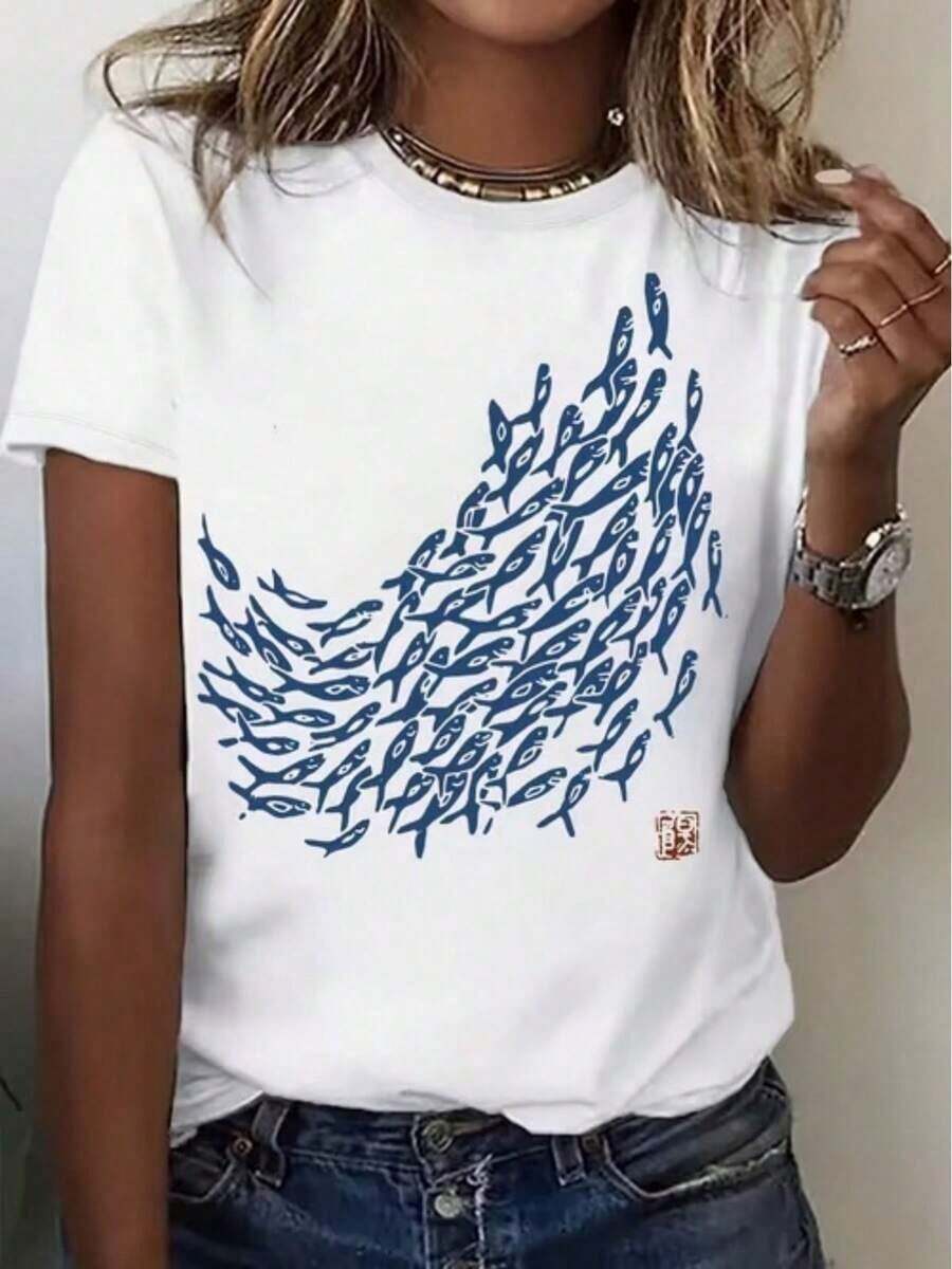 Women's 100% Cotton T-Shirt With Graphic Print Of A School Of Blue Fish With A Chinese Seal. - 白色 - 查看 1