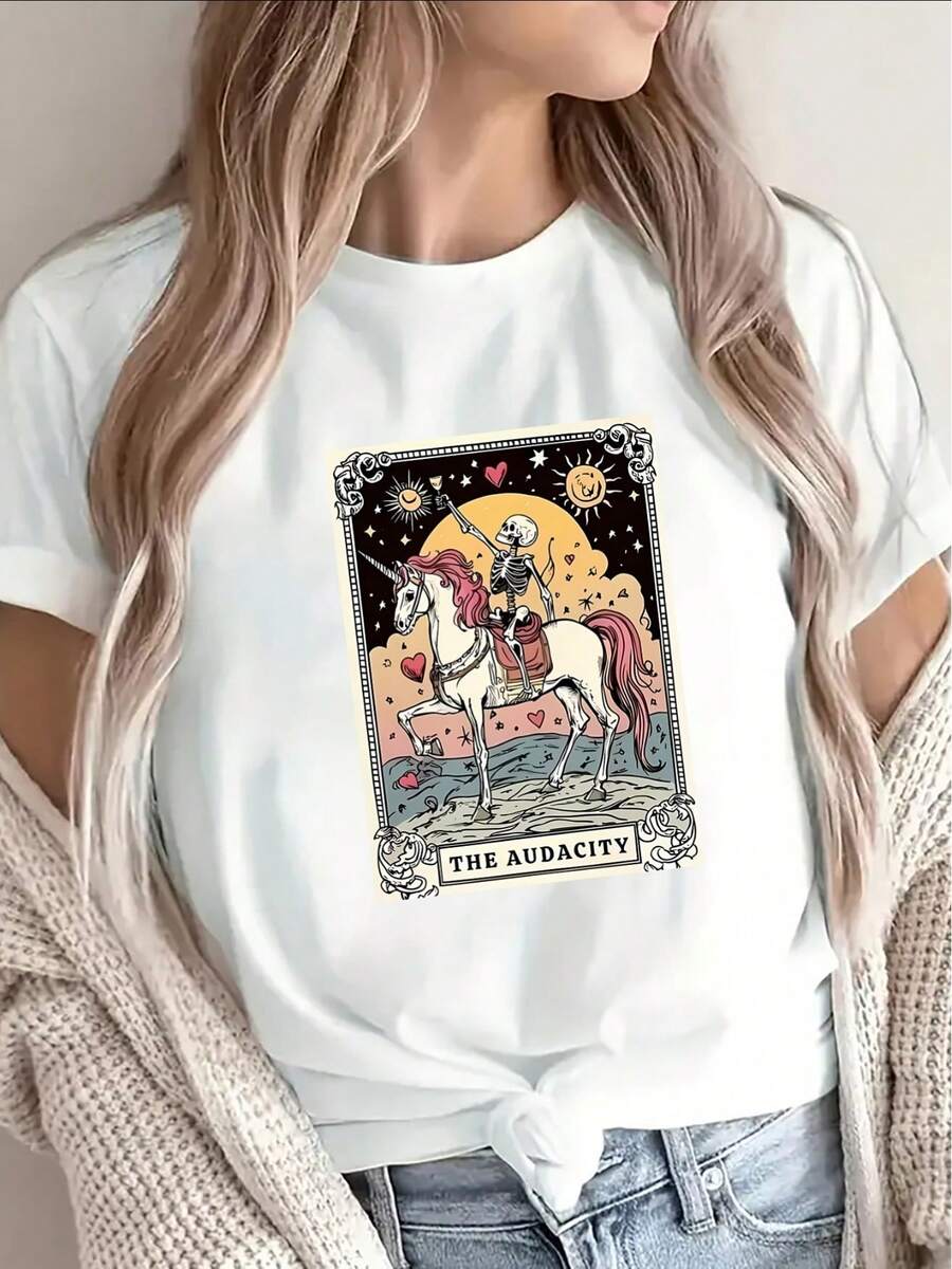 Lightweight And Durable Short-Sleeved T-Shirt With A Vibrant 'Judgment' Tarot Print, Ideal For Casual Outings At Home, Cafes Or Outdoor Activities, With A Comfortable Fit - [白色的] - 查看 1